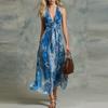 European & American Deep V-Neck Sleeveless Halter Printed Dress - Women's Casual French Style, 2026 Collection