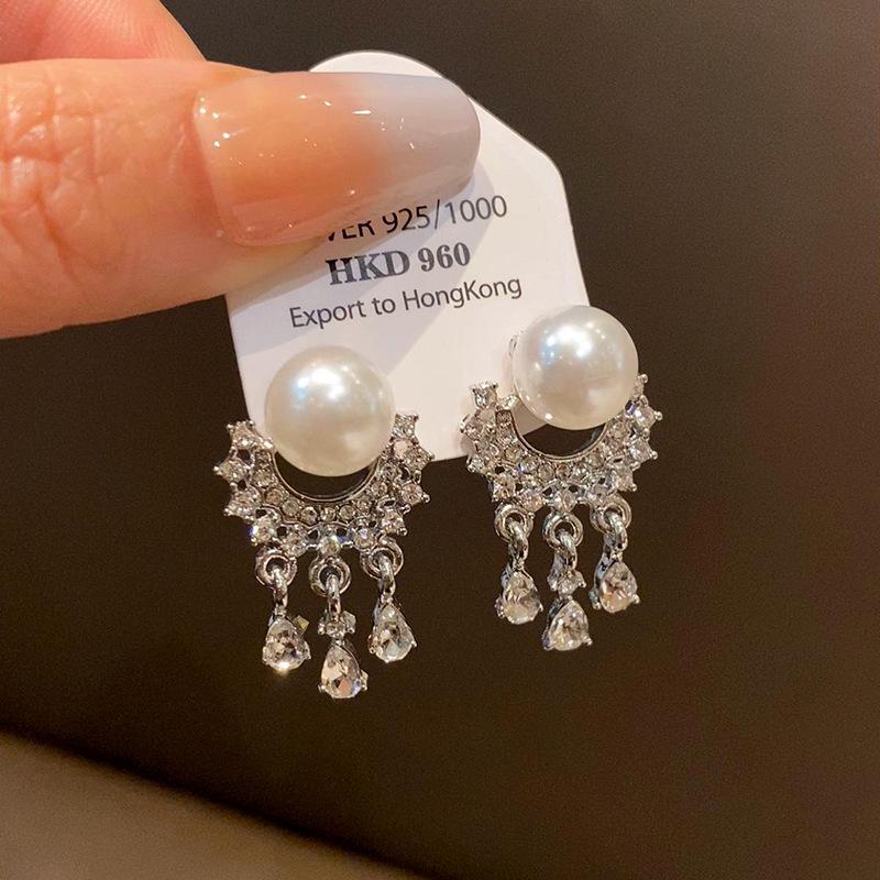 French Silver Needle Geometric Pearl Tassel Earrings - Luxurious Fashion Earrings with High-End Design