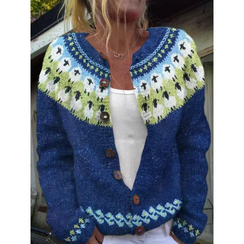 Womens Color Block Knit Cardigan Loose Fit Long Sleeve Geometric Casual Commute Style