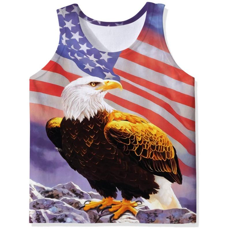 Men's O-Neck Eagle American Flag Pattern Print Tank Tops 3D Printed Vest Loose Sports Fitness  Sleeveless Shirt