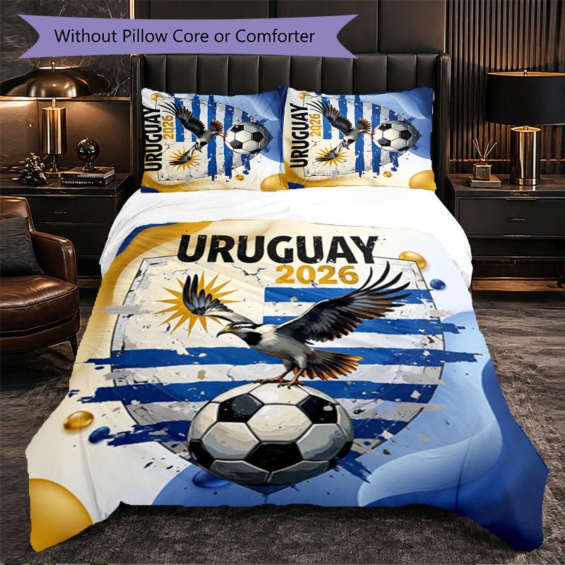 Uruguay Football Pattern 3 Pieces Bedding Set Soft Microfiber Duvet Cover with Pillow Cases for Bedroom