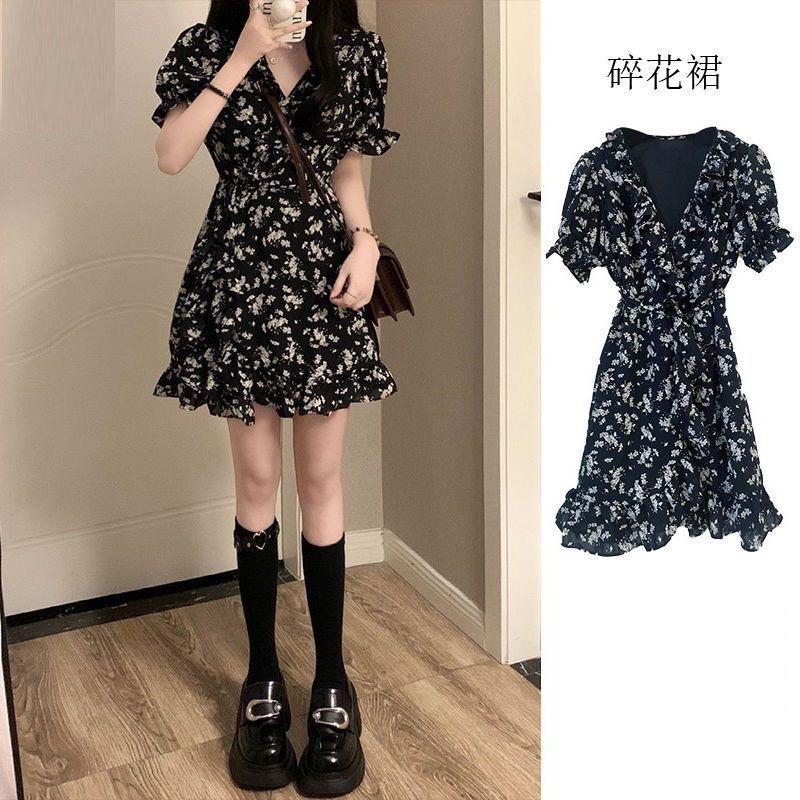 Black Floral Dress Looks Thin Summer New Skirt French Waist Lotus Leaf Short Skirt Tie-dye