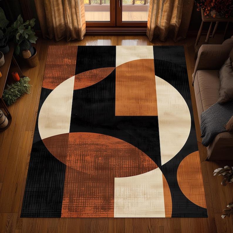 

Abstract Circle Rug, Burnt Orange Beige Black Carpet, Modern Minimalist Washable Floor Mat 60*90cm