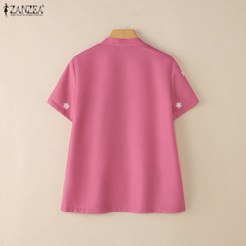 ZANZEA Women Summer Floral Print Casual Short Sleeve Lace Up Blouse