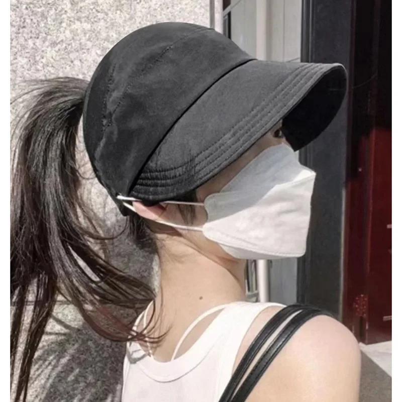 Foldable Wide Brim Ponytail Sun Hat Drawstring Adjustable Caps Women Empty Top Beach Hat Summer Quick-dry Visor Fisherman Cap