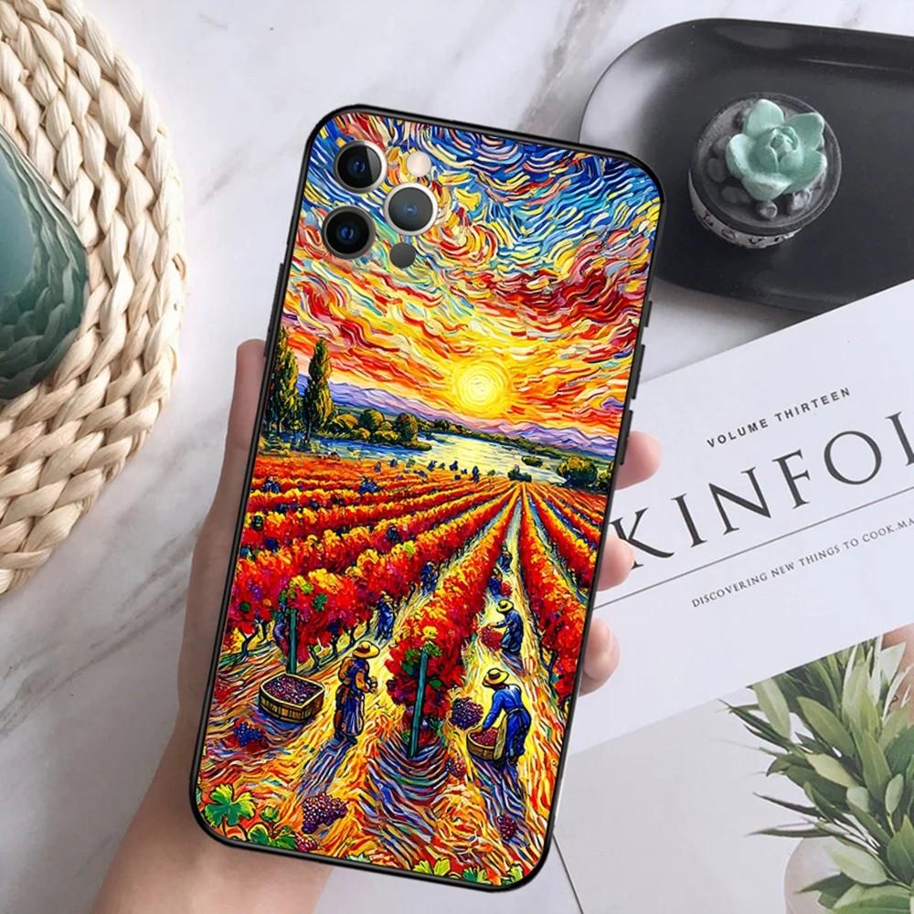 Rural Oil Painting Scenery Phone Case For iPhone 16,15,14,13,12 Mini 11 Pro XR,X,XS,MAX 7,8 Plus Silicone Cover Soft Black