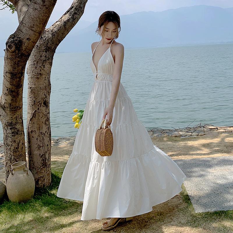 Damen Sommer rückenfrei Hängender Hals Neckholder Urlaub lange lockere Kleider