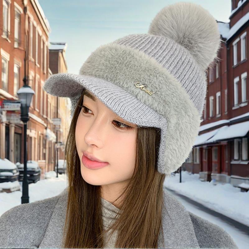 Stitching mink fleece ear protection rabbit fur baseball cap fashion solid color simple fur ball knitted hat