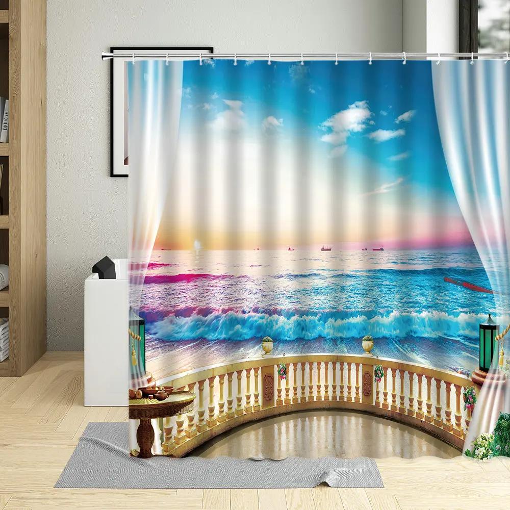 3D Window Beach Scenery Shower Curtain Palm Tree Sea Natural Landscape Bathroom Decor Polyester Cloth Hanging Curtains Sets