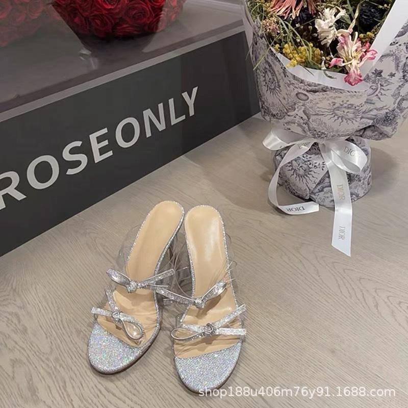 [Spot] Internet celebrity Xiaoxue same bow rhinestone high heel sandals women's open toe cool slippers temperament high heels