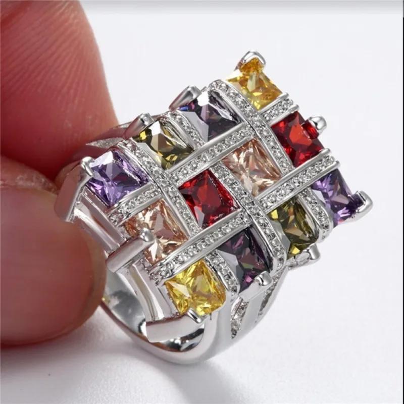 New Square Colour Crystal Big Rings For Women Zircon Ring Female Geometric Large Wedding Ring