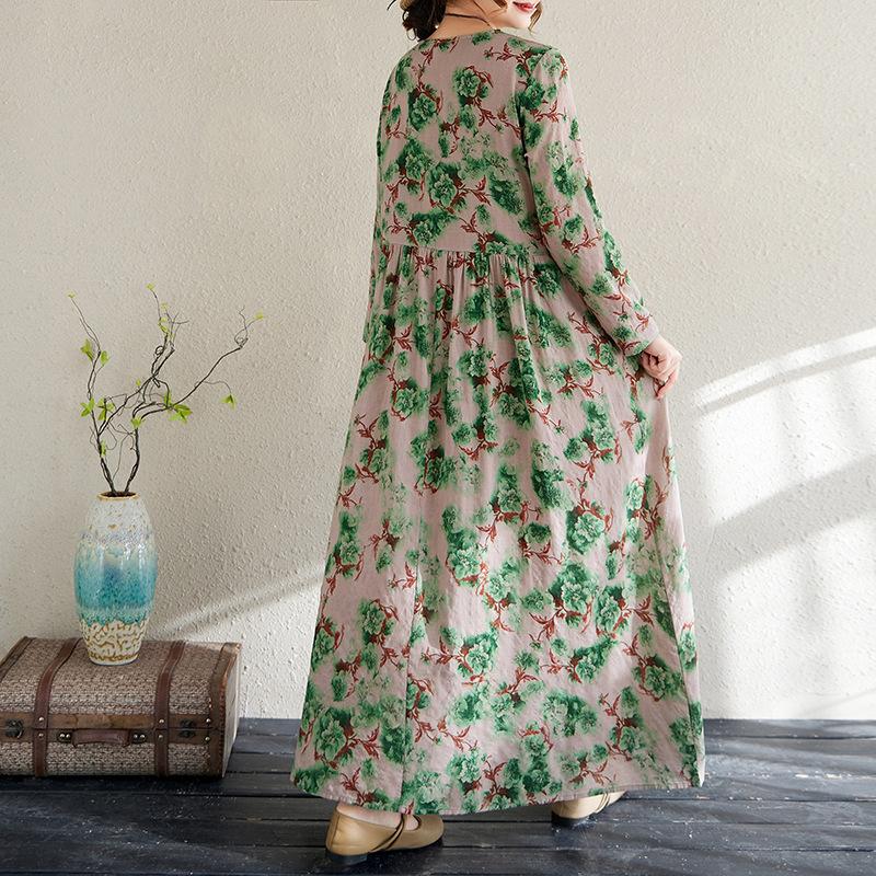 Early Spring Floral Vacation Style Travel Round Neck Retro Long Dress for Women Long Sleeved Vintage Dresses