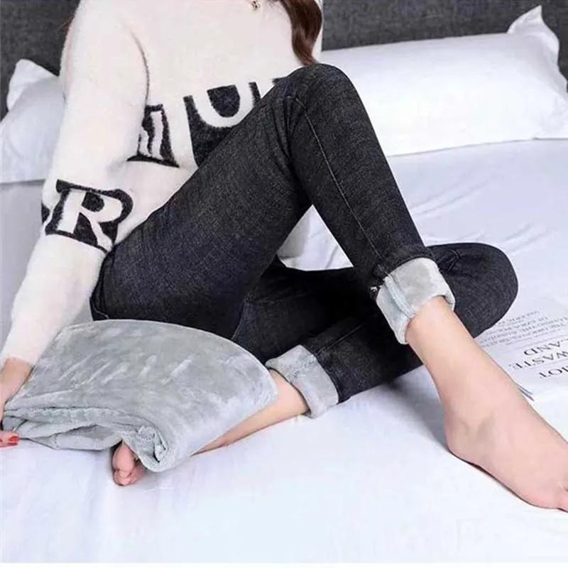 Winter Plus Velvet Thick Warm Slim Jeans Women Korean Fashion Skinny High Waisted Denim Trousers Streetwear Vintage Pencil Pants