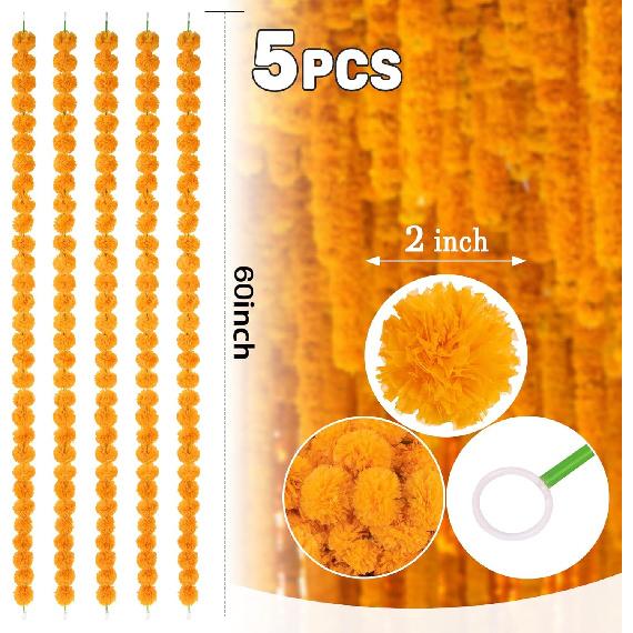 5PCS 5 Feet Marigold Garland for Decoration - Marigold Flowers Garlands for Indian Diwali Day of The Dead Decorations, Indian Weddings (Orange)