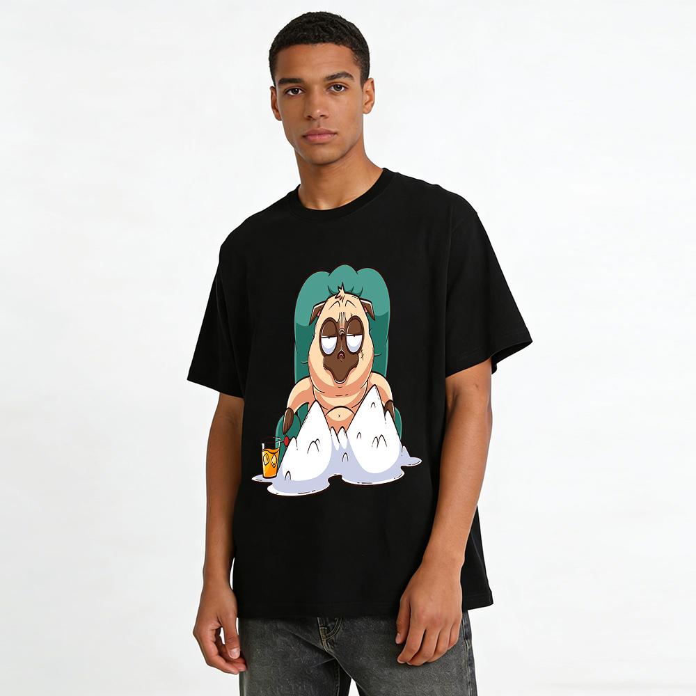 Exhausted Pug Slouching On Sofa Funny Graphic Tee Pure cotton T-shirt