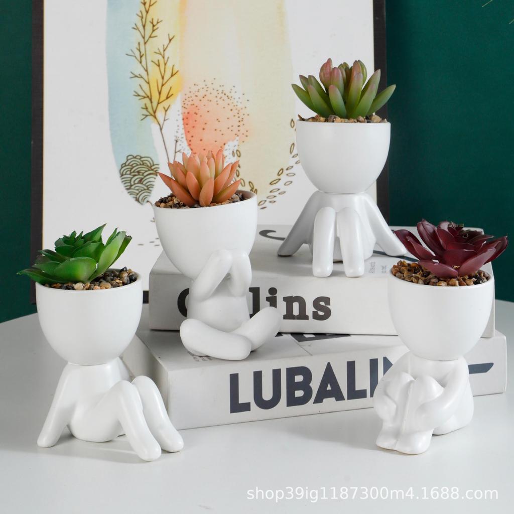 Creative Ceramic Figurine and Faux Plant Vase Set for Home Decor
