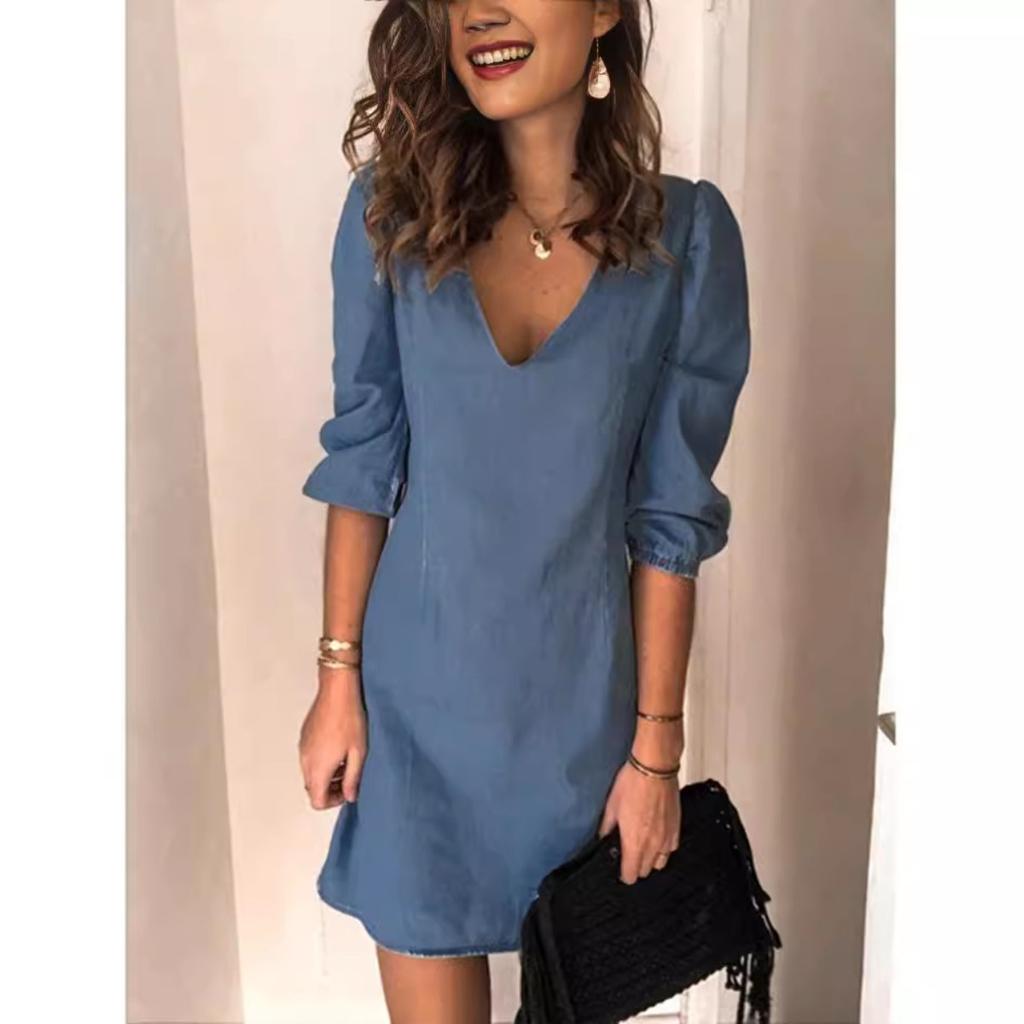 Women's V Neck Three Quarter Sleeve Solid A Line Mini Dress High Waist Casual Office Dress