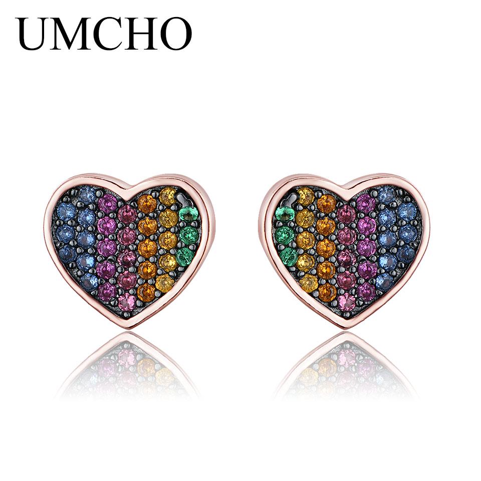 

UMCHO серьги-гвоздики из чистого серебра 925 пробы с драгоценными камнями, красочные серьги-гвоздики в форме сердца для женщин, подарок на день Святого Валентина, изящные ювелирные изделия