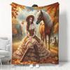 Medieval & Horse Print Flannel Blanket - Soft Warm All-Season Bedspread with Renaissance Faire Lady, Poodle-Style Houndstooth Horses - Cozy Couch, Bed
