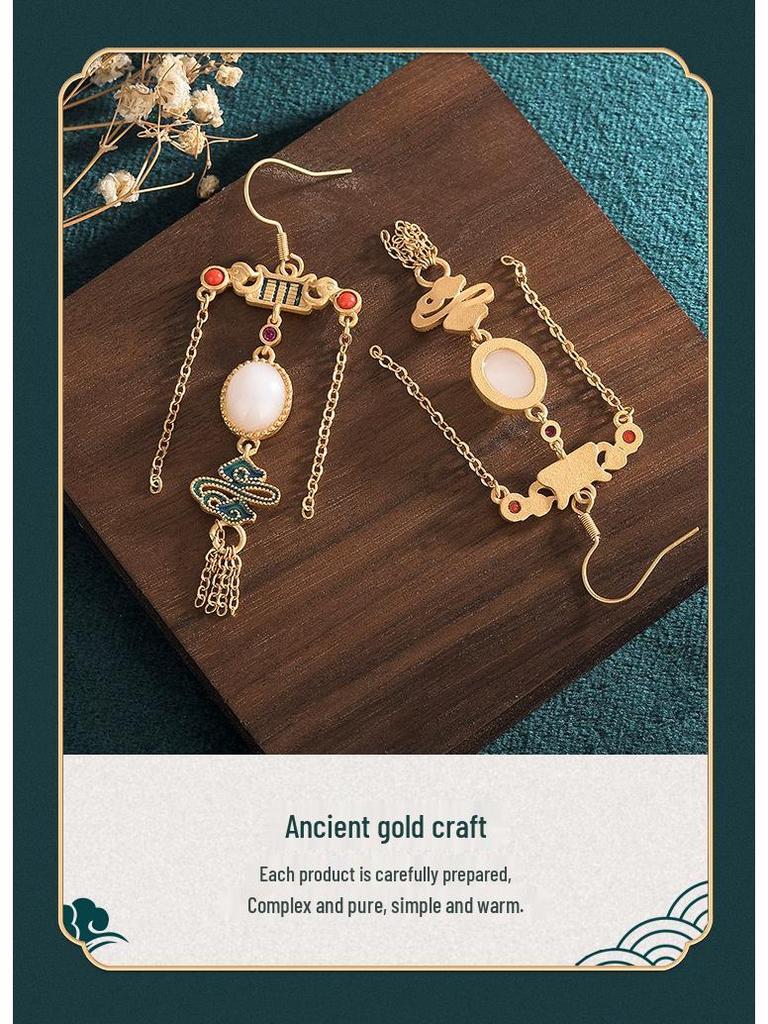 Vintage Chinese Hanfu Earrings with Hetian Jade Tassels