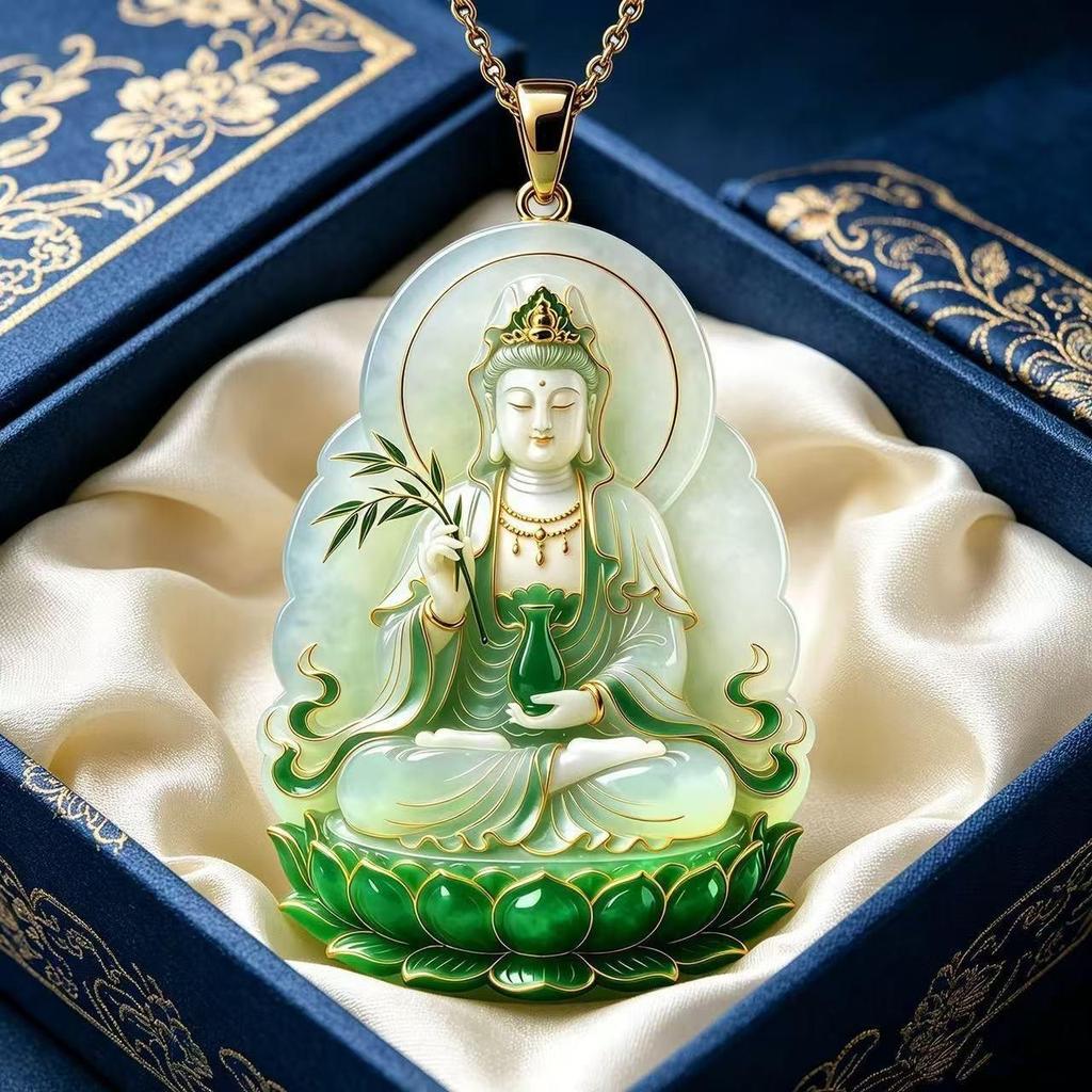 Jade Lotus Buddha Anhänger Halskette: Guanyin Silber Bodhisattva Segen & Schutz mit Sonnenblumenkernkette - Perfektes Geschenk für Ältere & Familie.