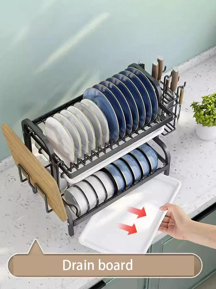 2 Tier Dish Drying Rack Compact Kitchen Dish Rack Rust-Proof Carbon Steel Dish Drainer Drainboard Tableware Water Filter Rack