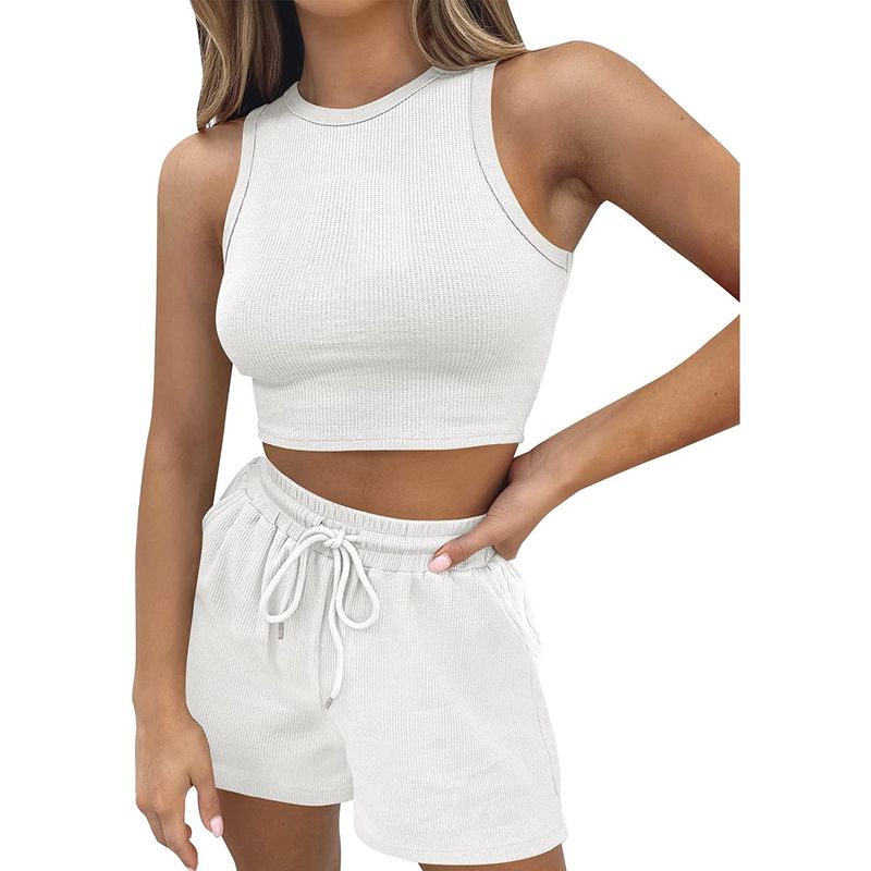 

2025 Cross-Border Summer New Sleeveless Waffle Pure Color Short Vest Shorts Fashion Casual 2-Piece Set Female Suit White XXL