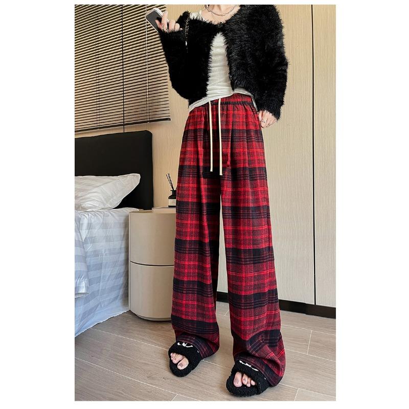 

Новые осенне-зимние утолщенные матовые клетчатые повседневные брюки для женщин шерстяные ретро-дизайн с драпировкой прямые широкие брюки 4XL красный