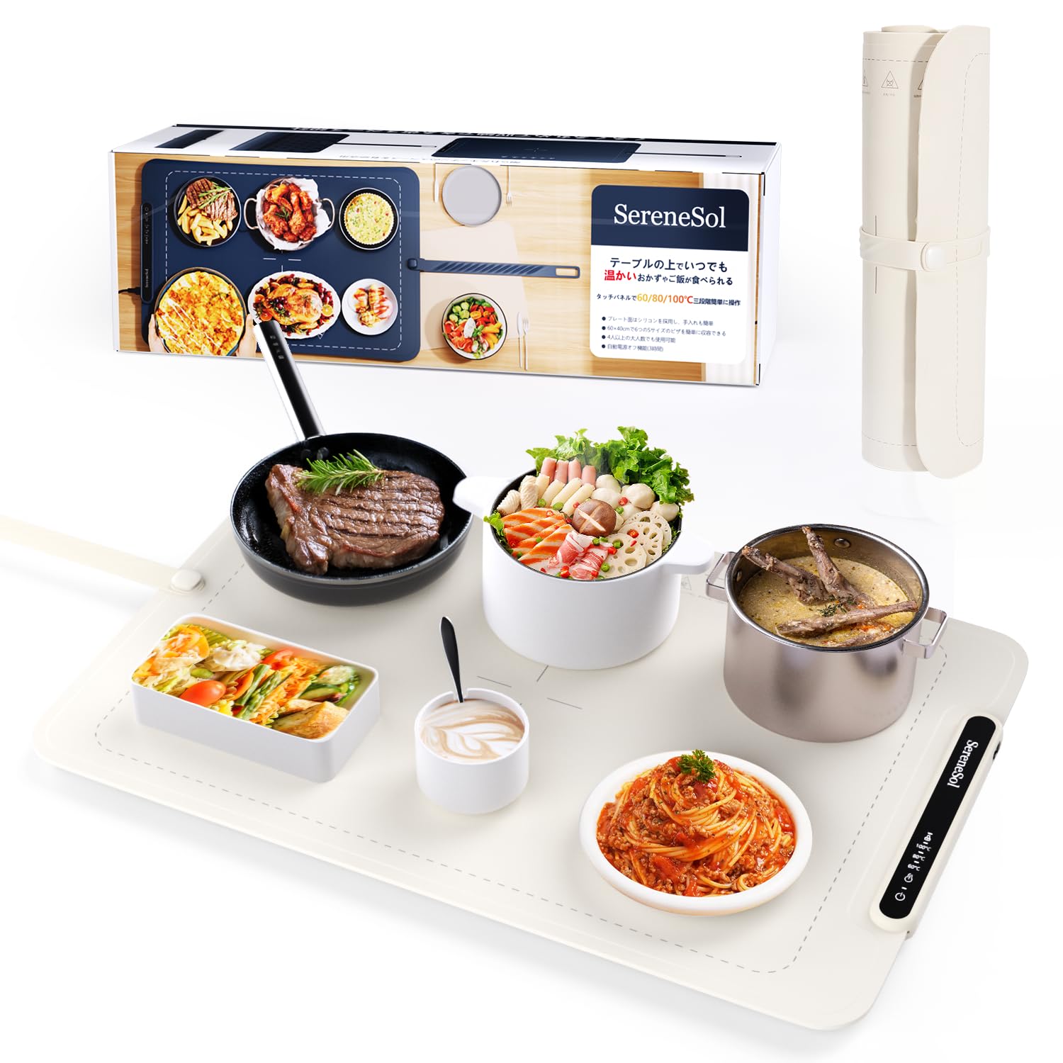 

Thin, 3-Temperature Electric Food Warmer Plate with Silicone Heater, Rolls Up for Storage, and Features a Tabletop Heater (Beige)