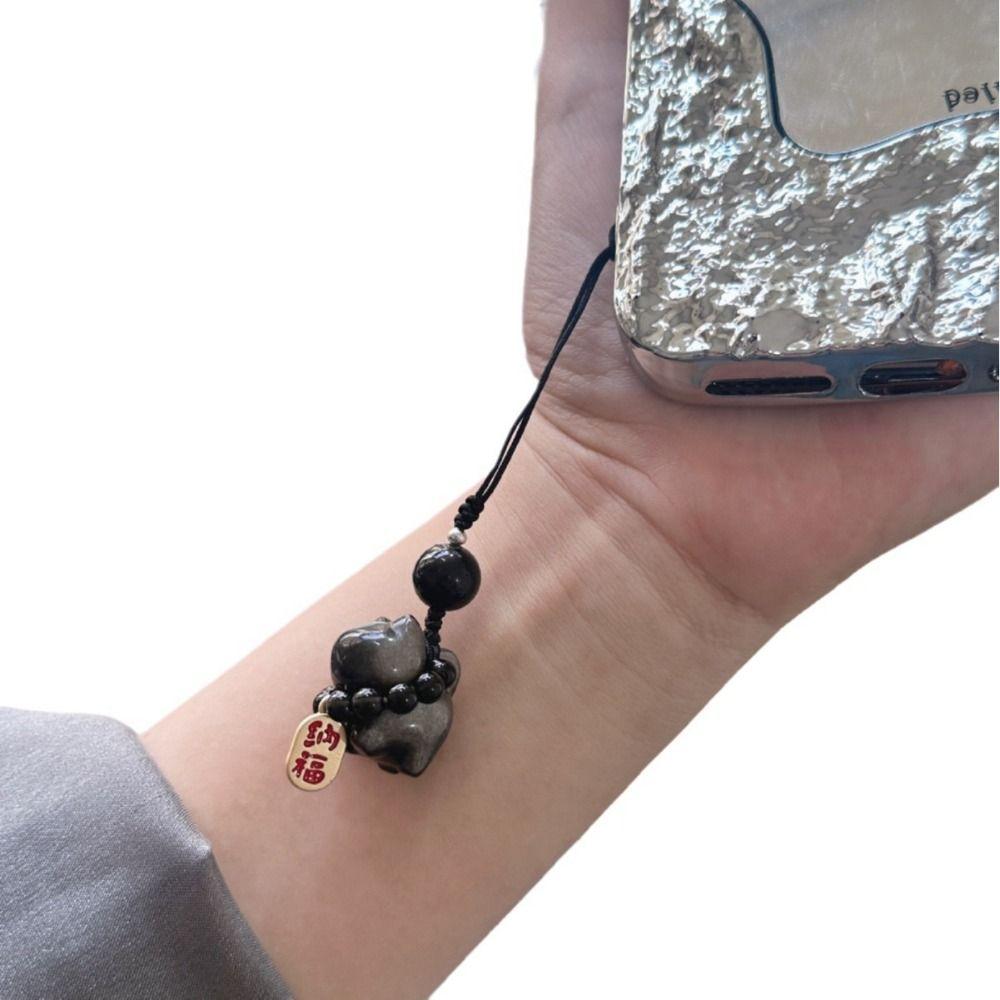 Stone Lucky Cat Braid Rope Pendant Silver Obsidian Cat Car Key Ring Cute Bag Charms  Couple