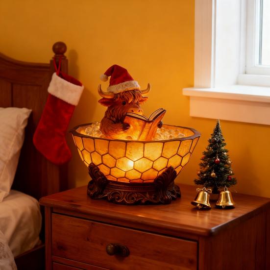 Highland Cow Bubble Bath Night Light Cute Highland Cow Reading Book Lamp 3D Resin Bathtub Highland Cow Sculpture for Indoor Desk Table Shelf Fireplace