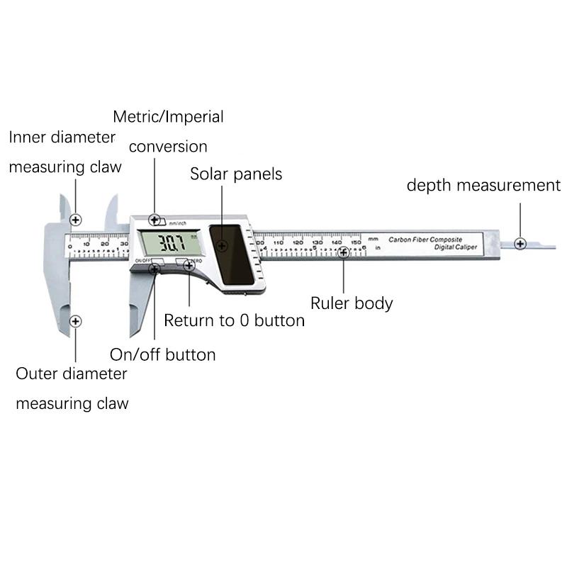 0-150mm LCD Digital Caliper Plastic Solar Vernier Caliper 6-Inch Electronic Depth Measuring Instrument Micrometer Ruler Gauge