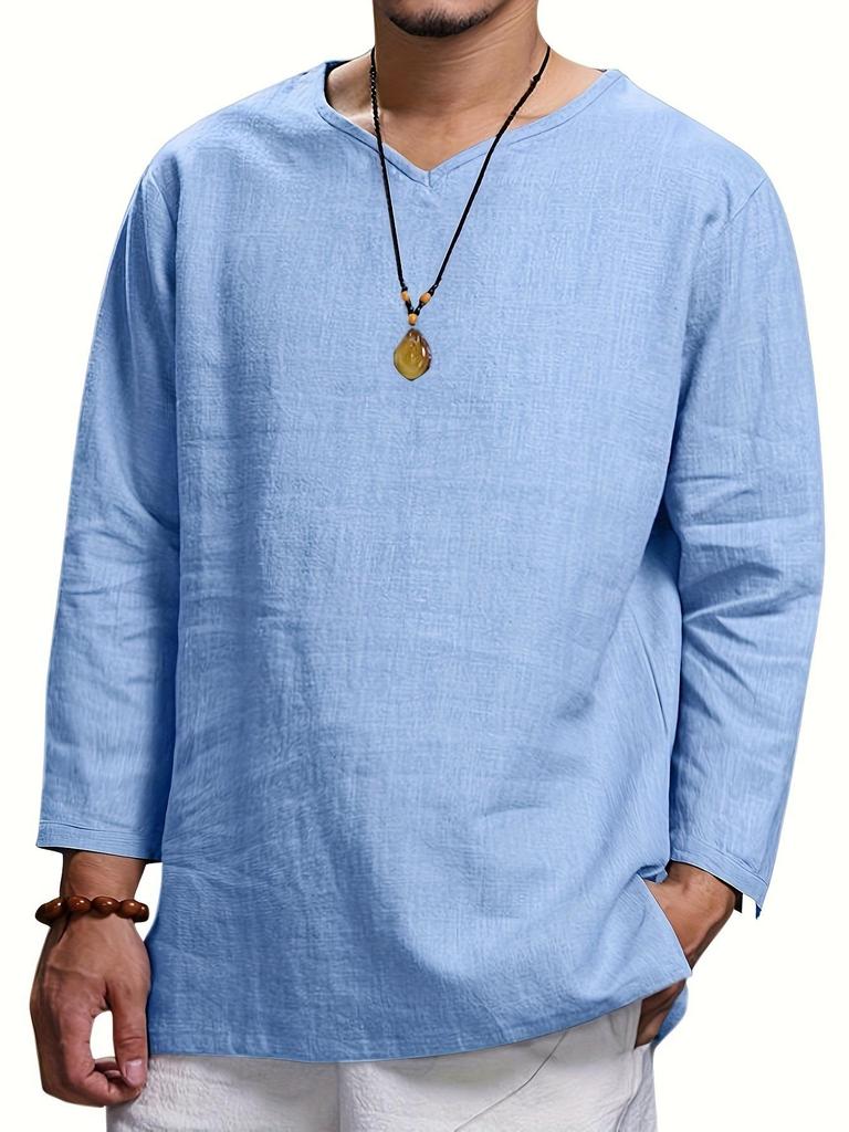 Herren Frühjahr 2024 V-Ausschnitt Langarm Leinen-Baumwoll Freizeitshirt