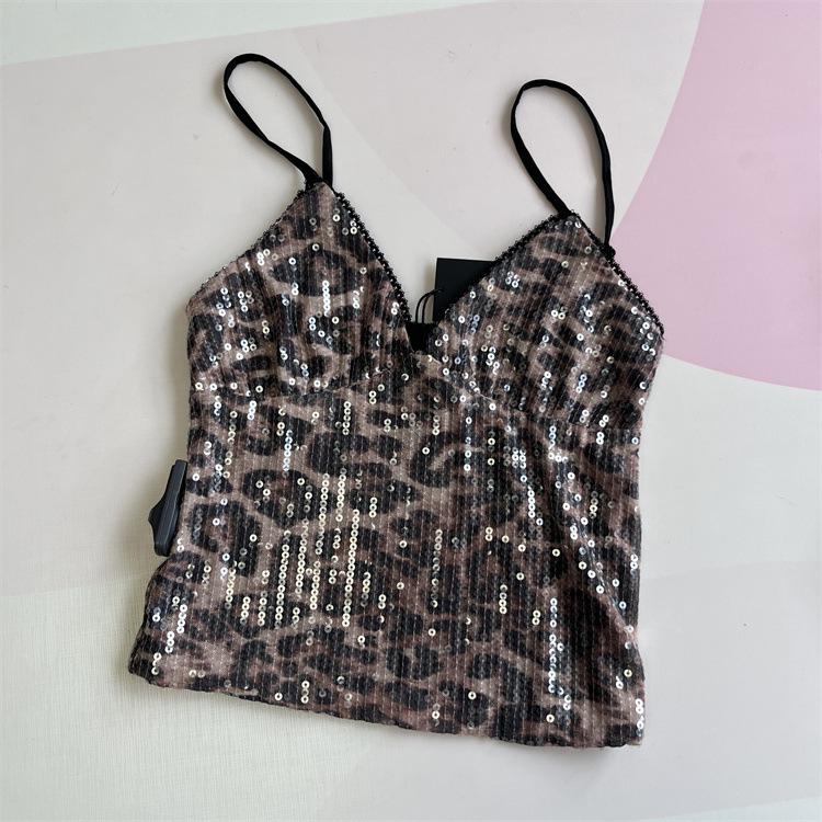 Women s V-neck Leopard Print Sequin Lace Camisole XS