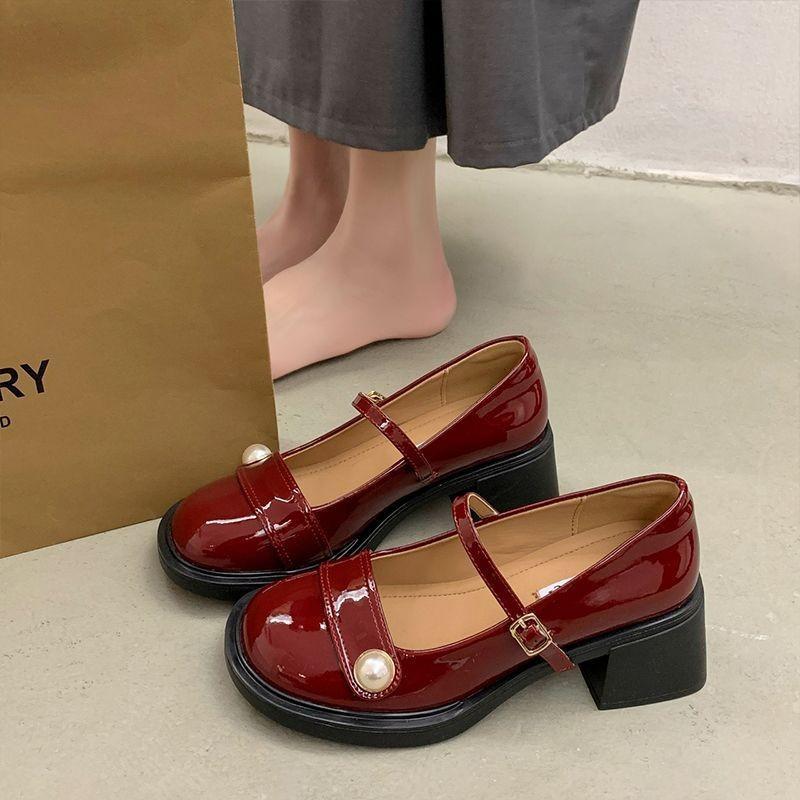 Fashion Women High Heels Mary Jane Shoes New Design Spring Autumn Soft Patent Leather Shoes Female Buckle Round Toe Chunky Single Shoe