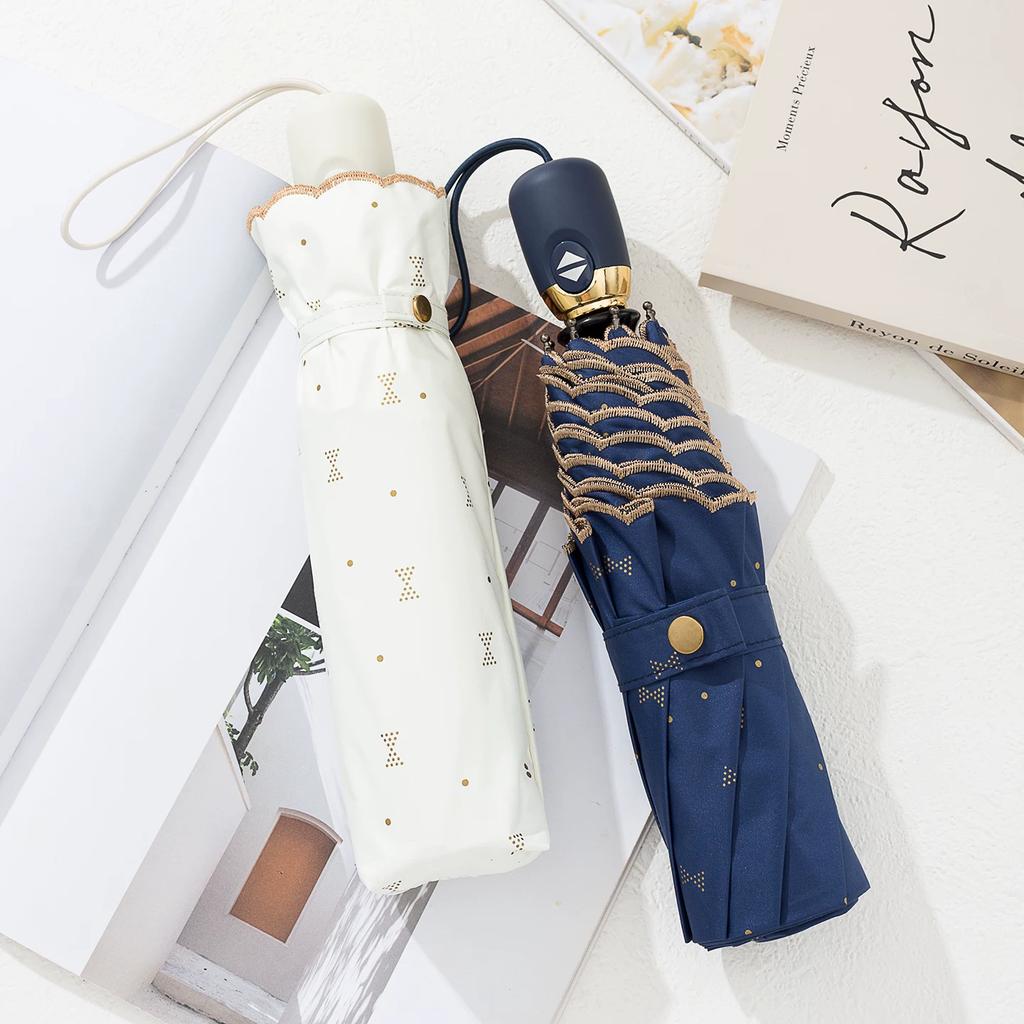 High-Quality Embroidered Fully Automatic Folding Umbrella for Women with Black Coating for Sun Protection and Uv Protection, Suitable for Both Sunny