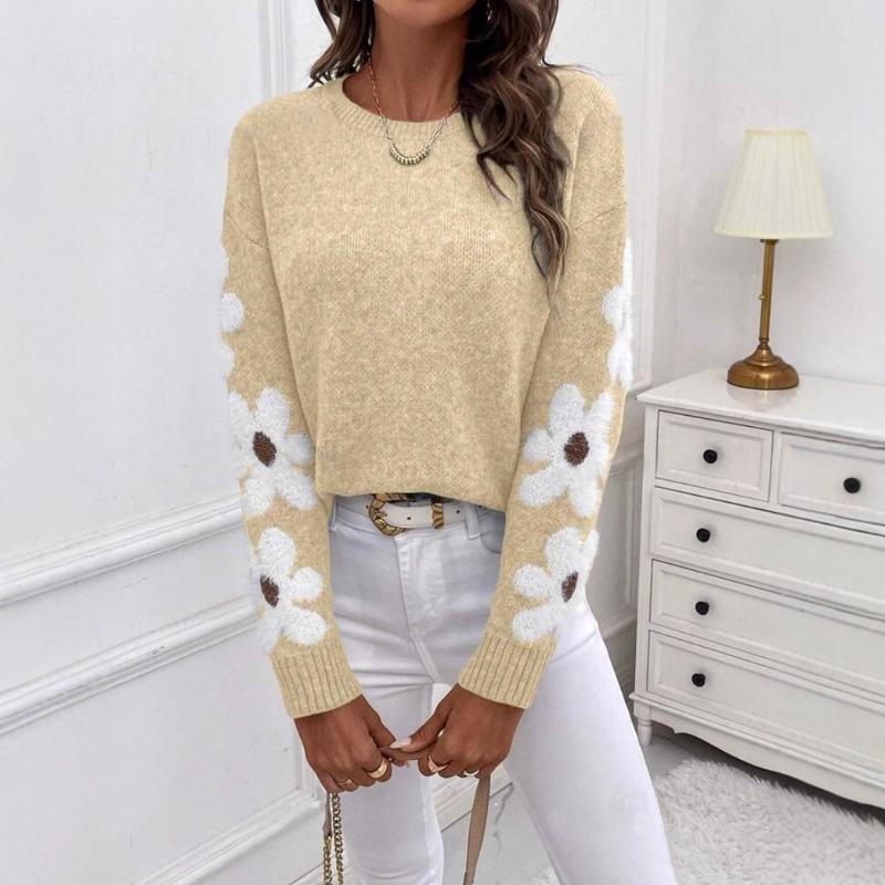 Women's Fashion Casual Fall Winter Flower Pattern Print Long Sleeve O-Neck Sweaters