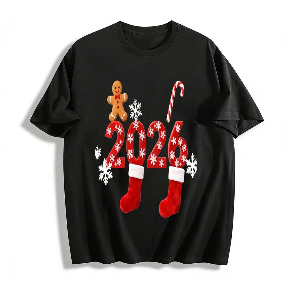 2026 Christmas Gingerbread Man Candy Cane Snowflake Print Top Pure cotton T-shirt XXS