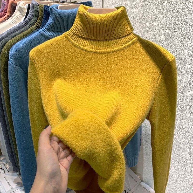 Autumn Casual Long Sleeve Plush Turtleneck Women's Sweater Winter Thick Warm Velvet Base Pullover Women Sweaters Vintage Fashion Slim Knitwears 25210