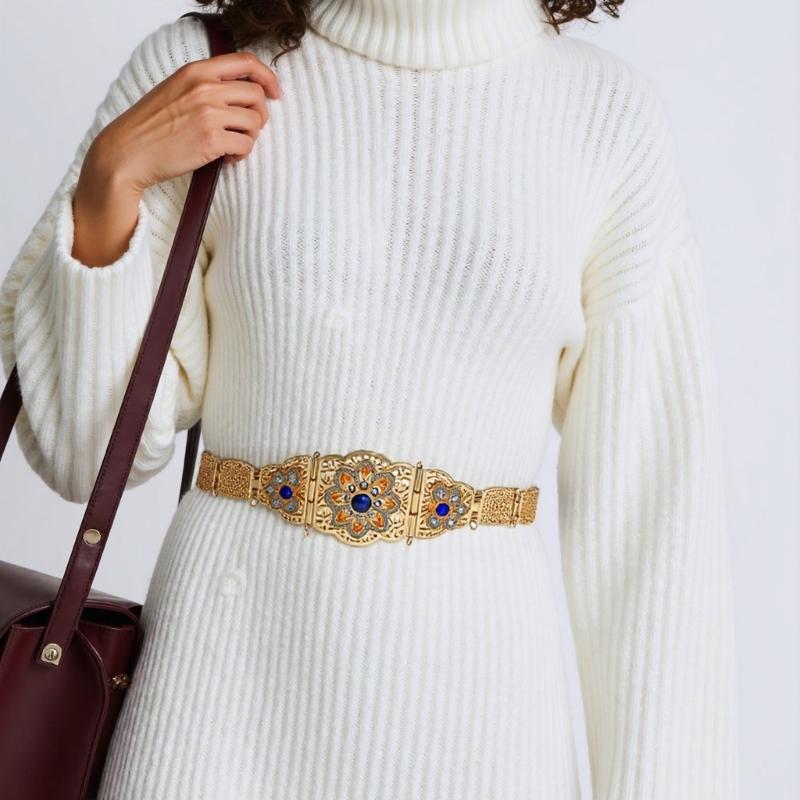 Decorative Corset Band Middle Eastern Metal Belt For Women Long Robe Caucasus Wasit Chain With Rhinestones Design