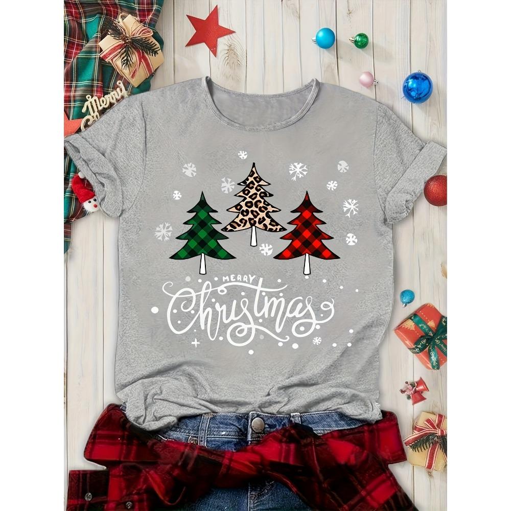 Women's Christmas Tree Print T-shirt Short Sleeve Round Neck Top for Summer Women's Clothing Harajuku Short Sleeve Casual