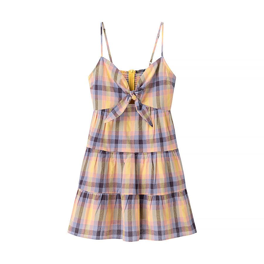 Women s Summer Plaid Bow Lace-Up Mini Dress Large