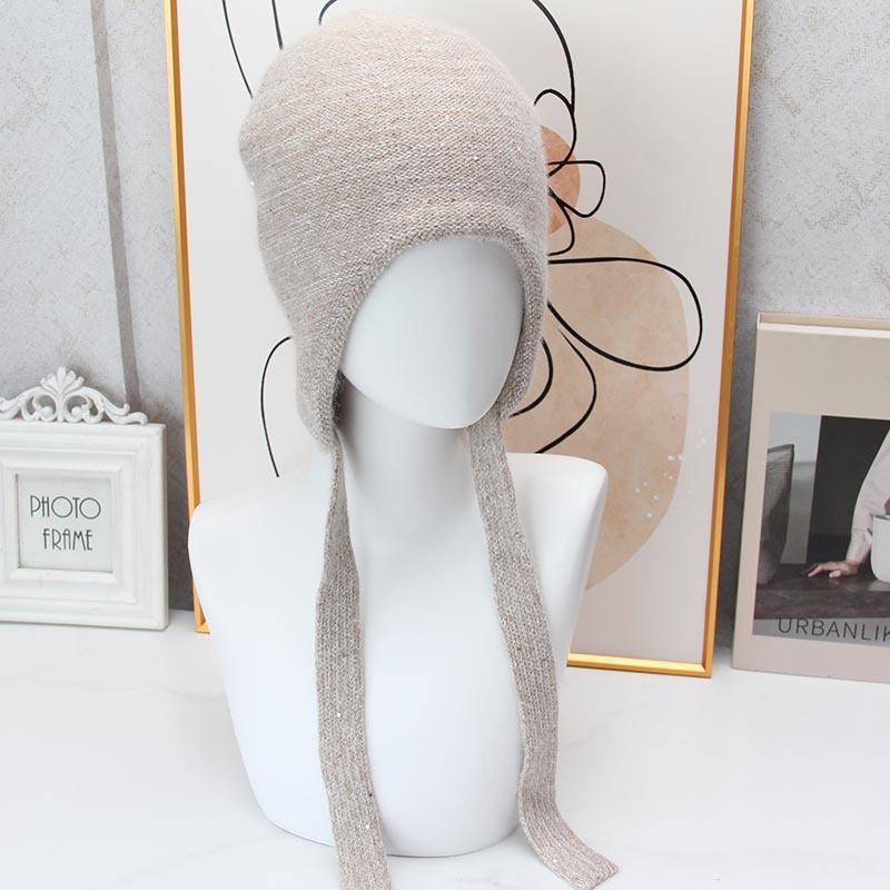 Autumn and winter sequined ear protection knitted hat women's retro lace-up bag head warm windproof wool hat outdoor cold-proof pullover hat