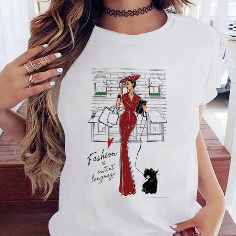 Women's Top Urban Girl Printed Casual White Cute Simple Retro Front Shoulder Pure Cotton Short Sleeved T-Shirts Women’s
