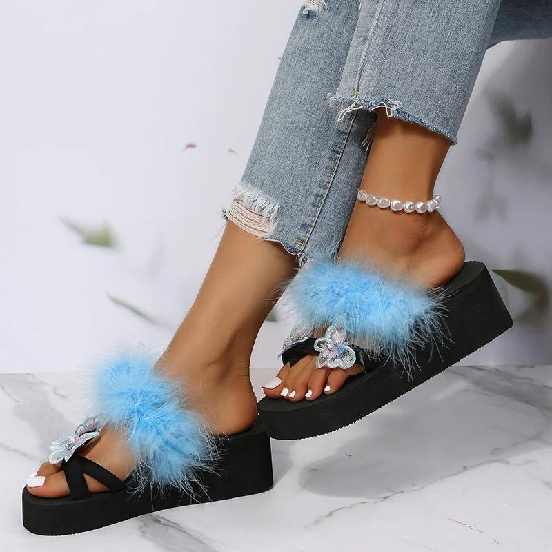 Fashion Summer Bow Knot Slippers for Women Casual Fur Decor Wedges Flip Flops Woman Daily Wear-Resistant Soft Bottom Slides Mujer
