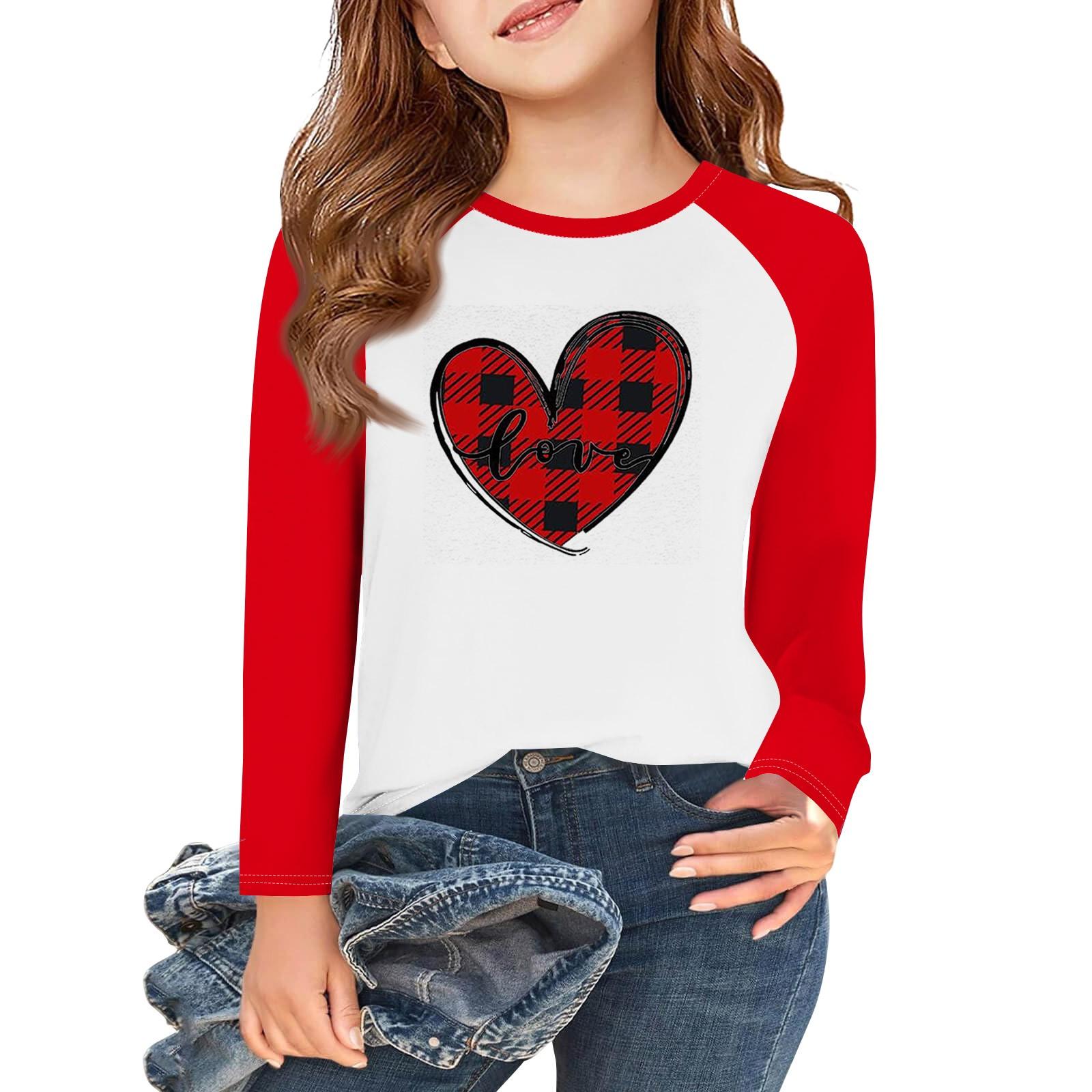 

Футболки з довгим рукавом для дівчаток Любов до Дня святого Валентина Дитячі осінні топи з круглим вирізом Базові футболки 5-14 років 8