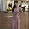 2026 Korean V-neck Lace Patchwork Long Sleeve Waist-Cinching Slim Dress - Spring/Autumn Socialite Style