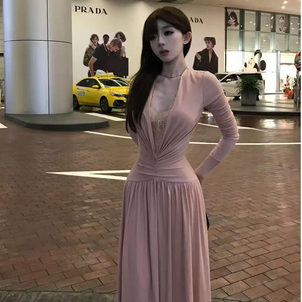 2026 Korean V-neck Lace Patchwork Long Sleeve Waist-Cinching Slim Dress - Spring/Autumn Socialite Style