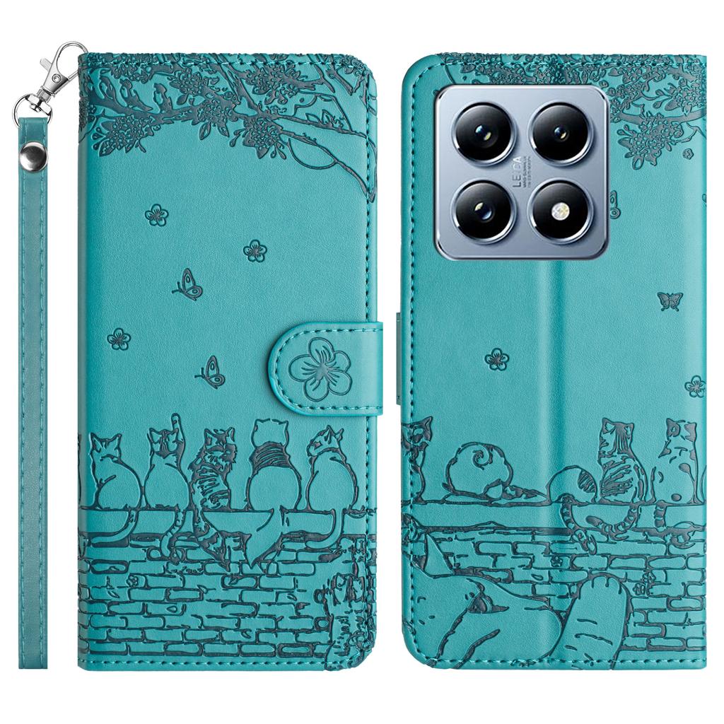 For Xiaomi 14T Pro Case with Wrist Strap Leather Phone Cover Wall Cats Pattern
