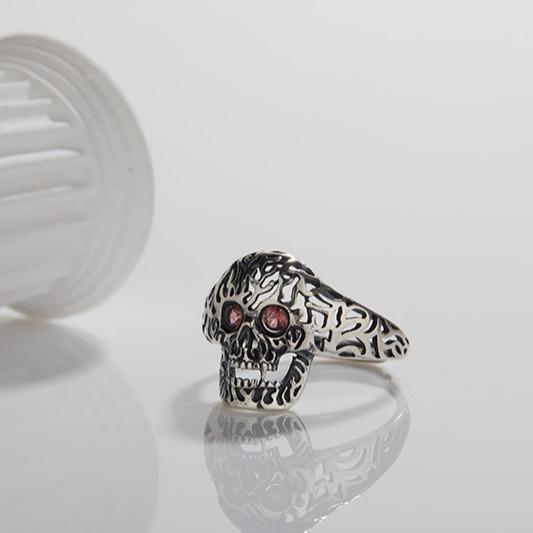 Personalized Trendy Ring Fashion Open Ring S925 Silver Inlaid Natural Garnet Skull Ring Women